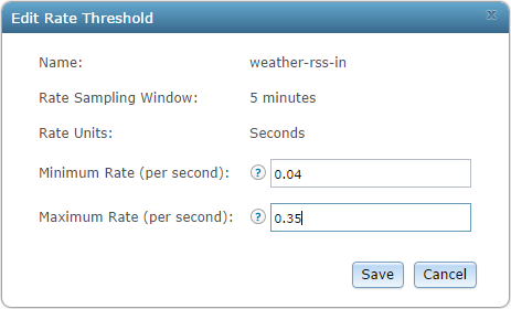 Edit the minimum and maximum rate thresholds for GeoEvent Services, inputs, and outputs Edit the minimum and maximum rate thresholds for GeoEvent Services, inputs, and outputs